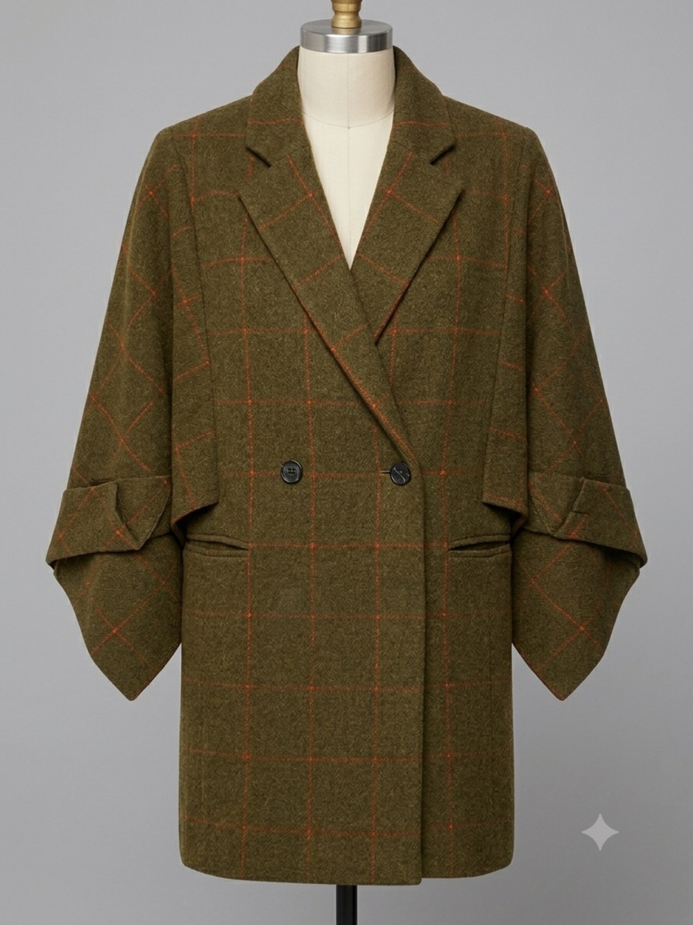 BCBGMaxAzria Olive Plaid Cape Coat with Rust Windowpane
